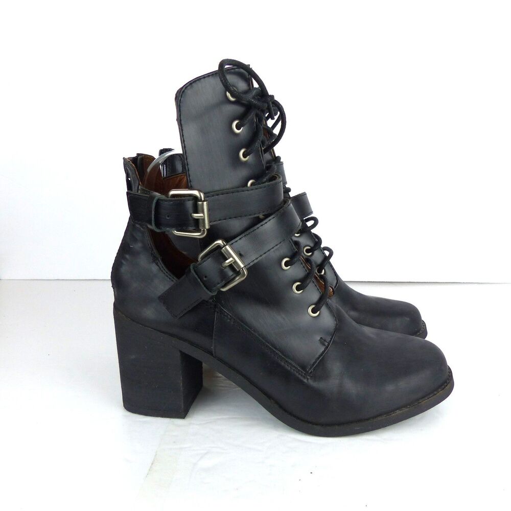 Jeffrey Campbell Benson Boots Womens 8.5 Black Leather Cutout Moto Buckle Witch